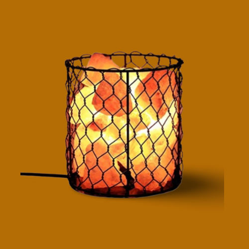 Himalayan Salt Crystal Chunks Lamp with Cylinder Metal Net Basket